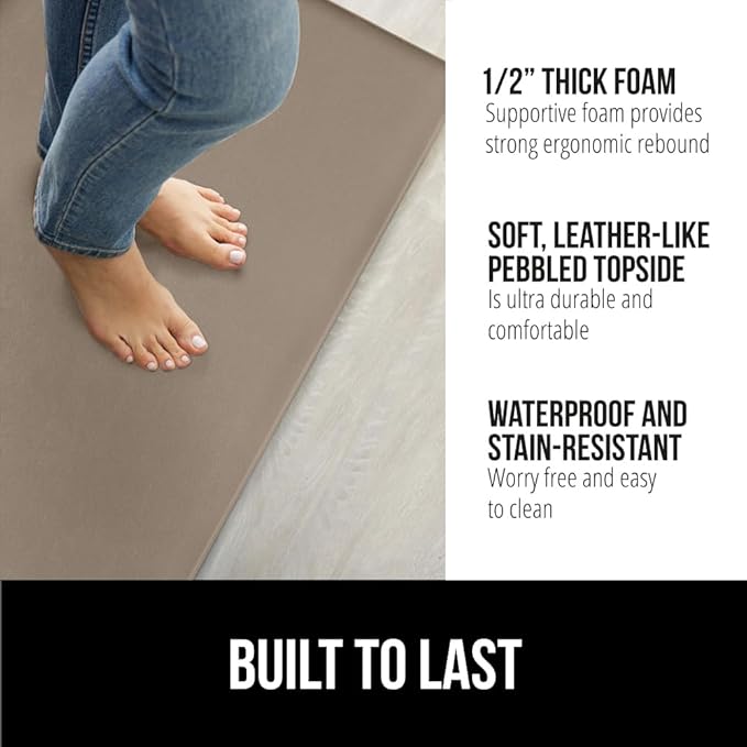 GORILLA GRIP 2 Pack Comfortable Cushioned Kitchen Mats for Floor, 17x24 + 17x48, Waterproof and Stain Resistant, 1/2 Inch Thick Soft Ergonomic Standing Desk Anti Fatigue Mat, Foam Supports Feet, Beige