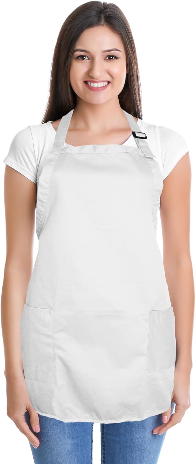 DALIX Apron Commercial Restaurant Home Bib Spun Poly Cotton Kitchen Aprons (2 Pockets) in White 2 Pack