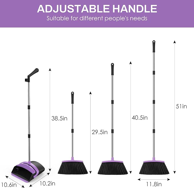 Broom and Dustpan Set for Home, 51-in Long Adjustable Handle Angle Broom and - Image 2