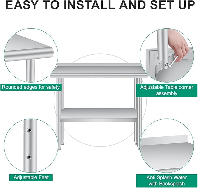 Stainless Steel Prep Table, 48 x 24 Inches, with Backsplash, Adjustable Undershelf, Commercial Heavy Duty Table with Adjustable Under Shelf for Outdoor Use,Restaurants,Hotels,Works