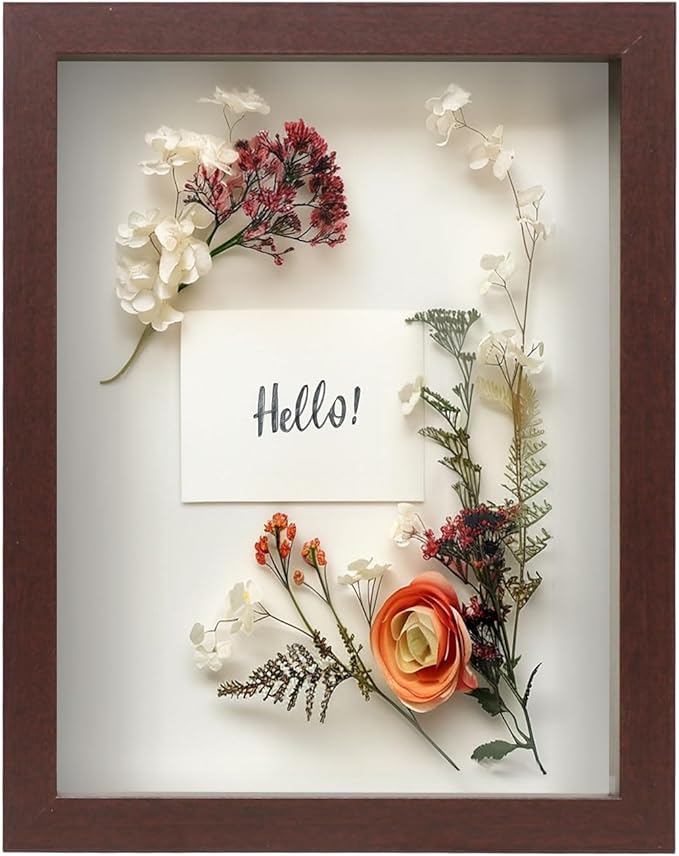 FrameWorks Mahogany Wooden Shadow Box Frame - 8.5' x 11' Display Case with Soft Felt Back, Tempered Glass, White Ball Push Pins