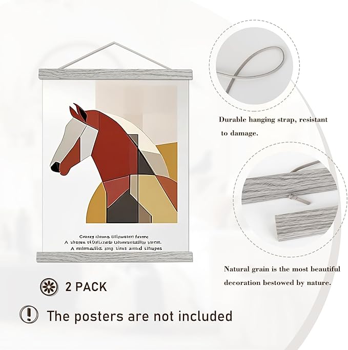 2 Pack Magnetic Poster Hanger Frame, 10x14 10x16 10x20 Light Wood Wooden Magnet Canvas Artwork Print Dowel Poster Hangers for Frames Hanging Kit (Grey, 10", 2 Packs)