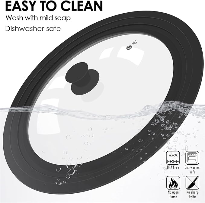 Universal Lid for Pots, Pans and Skillets, Tempered Glass Lid fit 11", 12", 12.5" Skillets, Pots, Frying Pans, Cast Iron, Crock Pot and Other Glass Covers Replacement