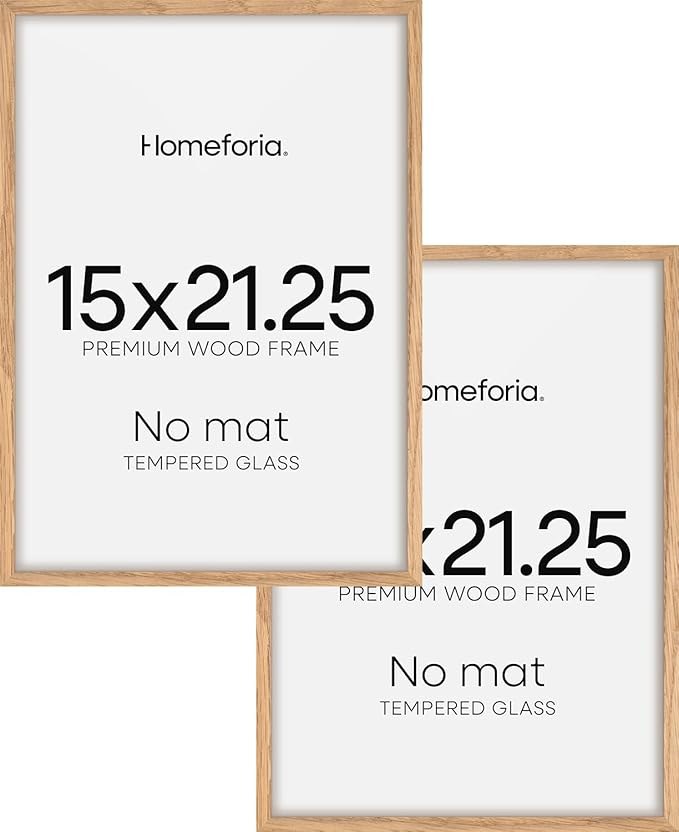 Homeforia 15x21.25 Puzzle Frame Wooden, High End Natural Oak 15 x 21.25 Picture Frames Light Wood without Mat, 21.25x15 Poster Frame for Wall, 15by21.25 Thin Frames, Tempered Glass, Wall Kit, Set of 2