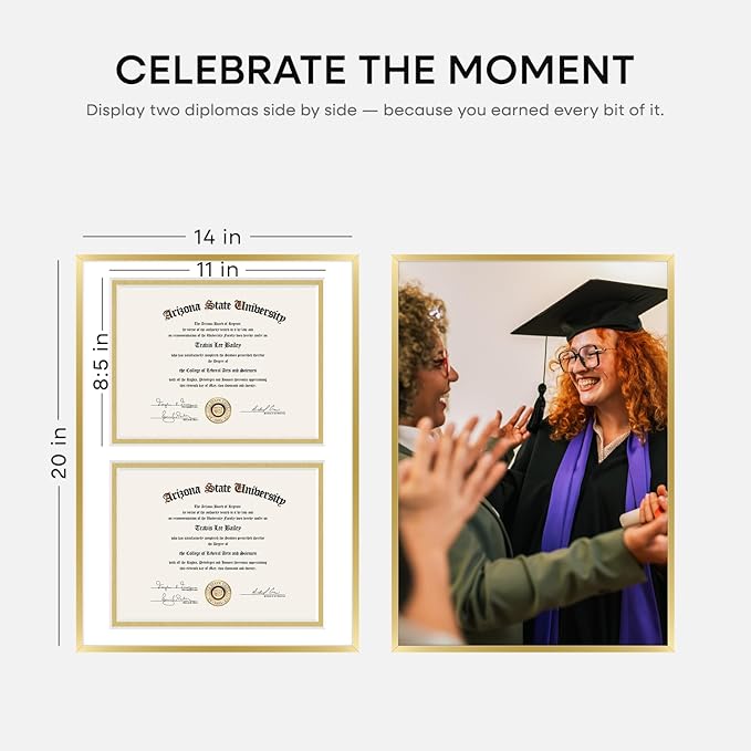 Homeforia 14x20 Double Diploma Frame Gold, High End Metal 14 x 20 Certificate Frames with Mat for Two 8.5x11 inch Diplomas, 20x14 Dual Award Graduation Matted Frame, Tempered Glass, Wall Kit, Set of 1