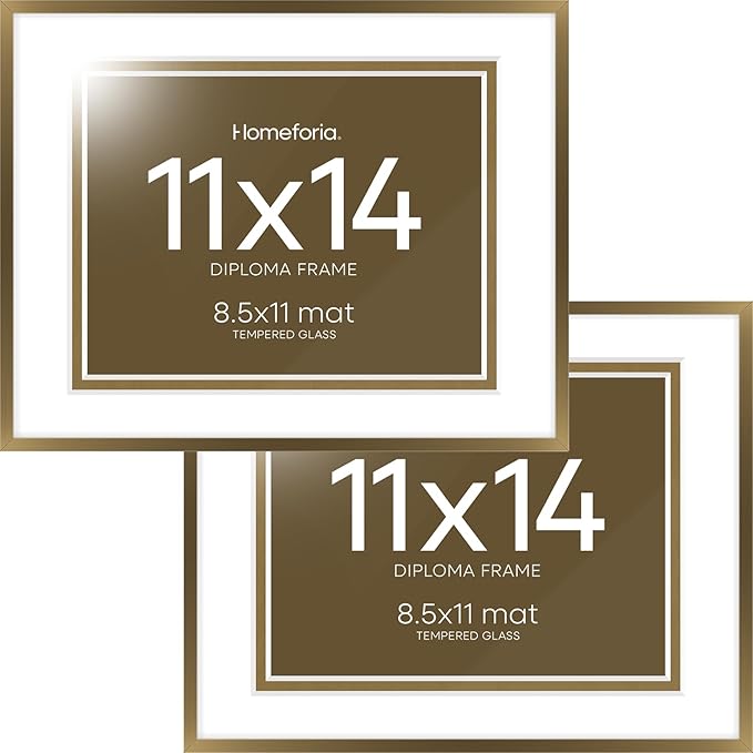 Homeforia 11x14 Diploma Frame Bronze, High End Metal 11 x 14 Certificate Frames with Mat 8.5 by 11, 11by14 Document Frame Matted to 8.5x11, Award Graduation Frames, Tempered Glass, Wall Kit, Set of 2