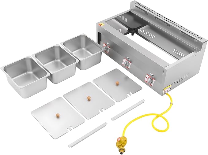 3 x 10L LPG Gas Deep Fryer, Commercial Stainless Steel Gas Food Warmer Countertop Electric Steamer Table with 3 Lids & 122-716℉ Adjustable Temperature for Home Kitchen Restaurant