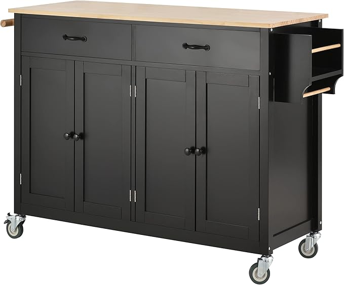 Favfurish Kitchen Island Cart on Locking Wheels with 4 Cabinet and 2 Drawers, Rolling Coffee Bar Trolley w/Solid Wood Tabletop, Adjustable Shelves, Spice & Towel Side Rack, for Dining Room, Black