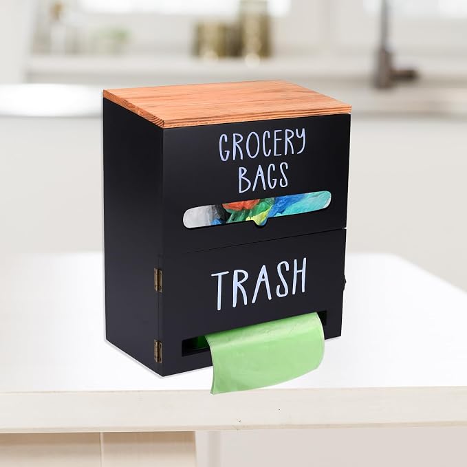 2 in 1 Trash Bag Holder with Grocery Bag Holder, Wooden Trash Bag Dispenser - Image 5