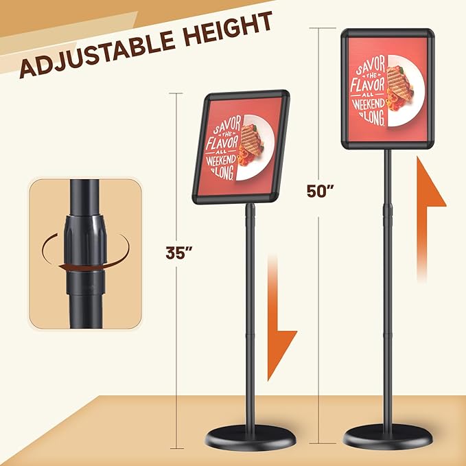 Adjustable Pedestal Floor Stand Sign Holder for 8.5*11 inches Poster or chalk board, Snap open frame,360° Rotation,Outdoor Indoor Standing Display Sign Holders for advertising ,Black