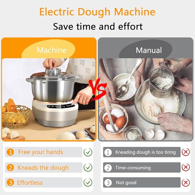 Electric Dough Maker Machine with Fermentation Function, 7L Large Capacity Household Dough Mixer, 304 Stainless Steel, Microcomputer Timing, Front Touch Panel, Gray,7L