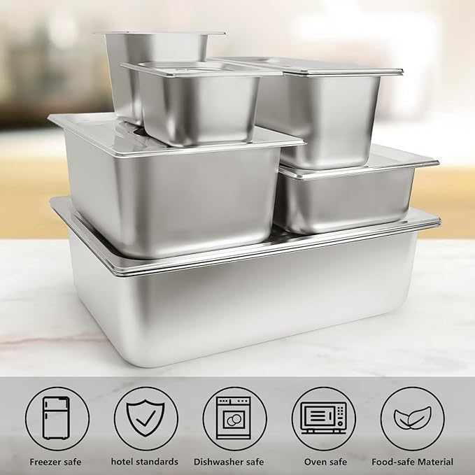 6 Set Stainless Steel Hotel Pans 1/3 Size 4 Inch Deep With Lids, Anti-Jam Chafing Steam Table Pans, Catering Food Storage Metal Pan