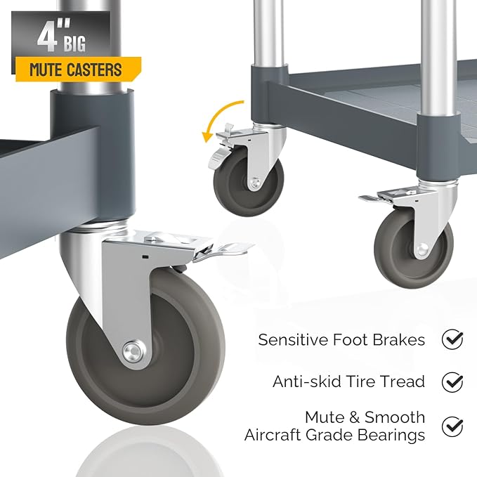 TUFFIOM Plastic Service Utility Cart with Wheels,Heavy Duty 450lbs Capacity, 3-Tier Commercial Rolling, Ideal for Restaurant, Foodservice, Office, Warehouse, Gray 40.4''L x 19.7''W x 38.6''H