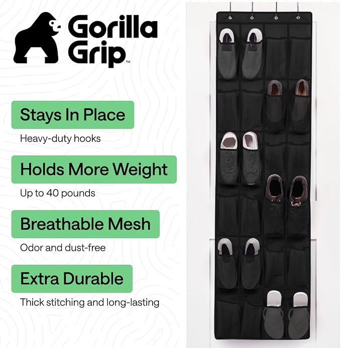 GORILLA GRIP Over the Door Shoe Organizer, 24 Large Pockets, Space Saving - Image 2