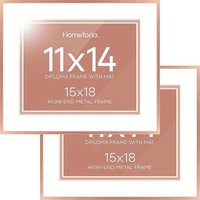Homeforia 15x18 Diploma Frame Rose Gold, High End Metal 15 x 18 Certificate Frames with Mat 11 x 14, 15by18 Document Frame Matted to 11x14, Graduation Degree Frames, Tempered Glass, Wall Kit, Set of 2