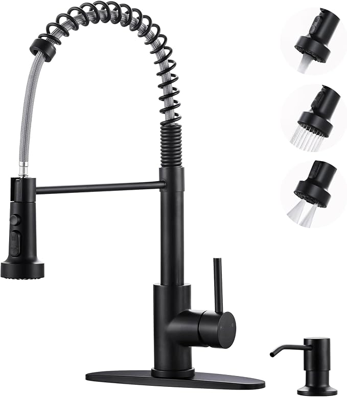 Black Kitchen Faucet with Soap Dispenser: 3-Function Kitchen Faucet with Pull by ARCORA