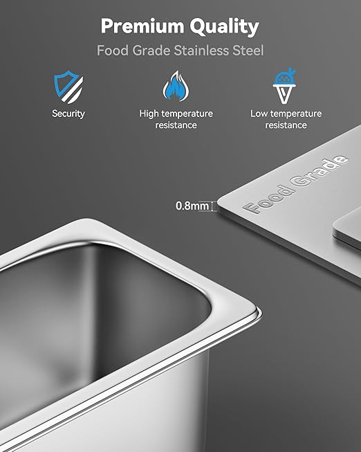 8 Pack Hotel Pans with Lids, 1/4 Size 6" Deep Stainless Steel Steam Table Pan 22 Gauge Anti Jam Commercial Catering Food Pans for Hotel, Home, Party, Restaurant, Buffet