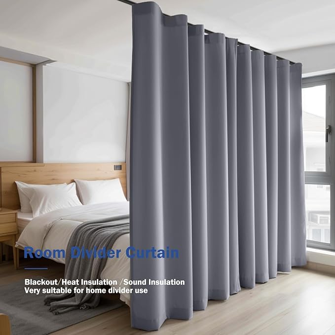 Room Divider Blackout Curtain Track Curtains Wall Dividers Panels Screen for Living Rooms Bedroom Office Privacy Partition Separation, W100 × L120 Inch,1 Panel, Light Grey