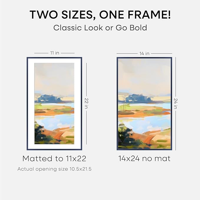 Homeforia 14x24 Picture Frame Navy Blue, High End Metal 14x24 Poster Frames with Mat 11x22 Photo, 14 x 24 Navy Blue Frame Matted to 11 by 22 Print, 24x14 Thin Frame, Tempered Glass, Wall Kit, Set of 2