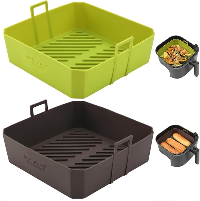 5QT Air Fryer Silicone Liners for Ninja AF141/AF142 & COSORI CAF-L501, Square Reusable Air Fryer Liners with Handle, 2 Pack BPA Free Platinum Silicone Basket, Upgrade