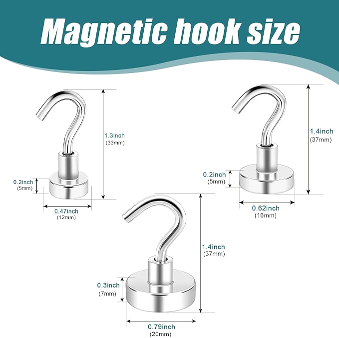 MAGXCENE 50 Pcs Magnetic Hooks Heavy Duty, 3 Different Size Strong Rare Earth - Image 2