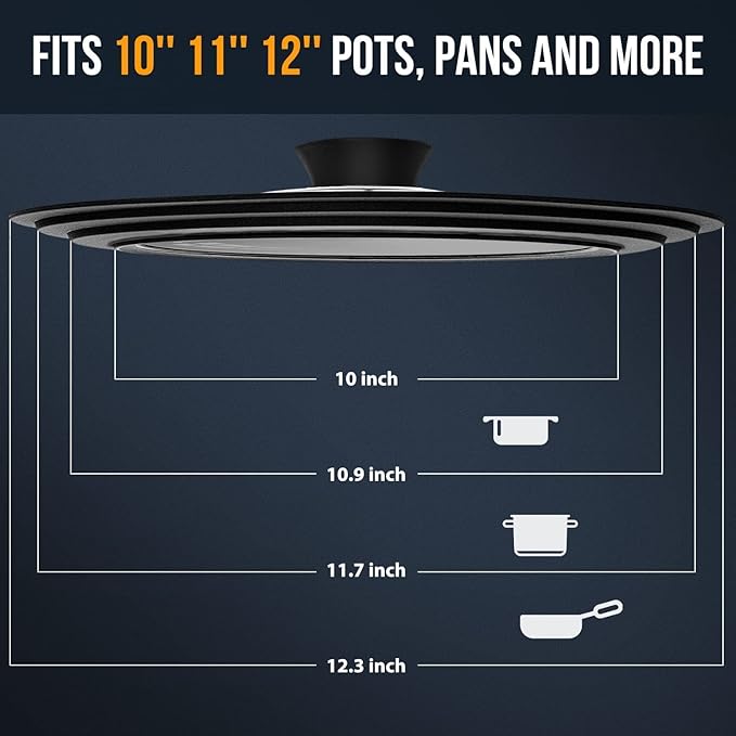 Universal Lid for Pots, Pans and Skillets Fits 10.5", 11.5" and 12" Diameter Cookware - Walfos Tempered Glass Pan Lid with Heat Resistant Silicone Rim, BPA Free Large Pot Lids, Dishwasher-Safe, Black