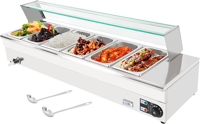 Electric Steam Table Food Warmer, 1200W Stainless Steel Bain Marie Buffet Food Warmer, 6-Pan 19Qt Commercial Buffet Warmer Countertop Steam Table with Sneeze Guard & Temp Display, 86-176℉