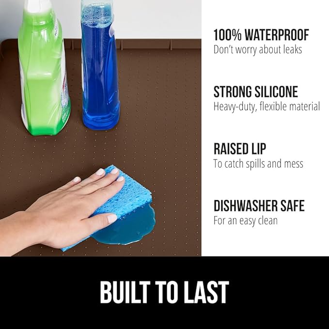 GORILLA GRIP Waterproof Silicone Under Sink Mat with Raised Lip for Kitchen and Bathroom, 28 x 22 in, Cabinet Shelf Liner Stay in Place Mats Dishwasher Safe Drawer Liner, Organizer Tray, Coffee