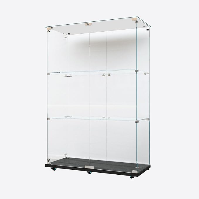 Glass Display Cabinet with LED Light Strip, 3 Shelves with 2 Doors, Glass Top Curio Storage Cabinets with Lock & Caster for Living Room,Floor Standing Bookshelf, Quick Installation - Black