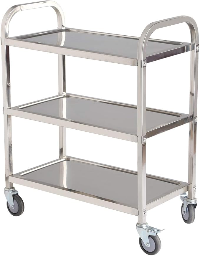 Stainless Steel Cart on Wheels,3-Tier Stainless Steel Utility Cart for Kitchen, Tool Room, Workshop, Salon & BBQ Snack Station - 29.5" D*15.7W*33H with with 360° Wheels (2 Locking)