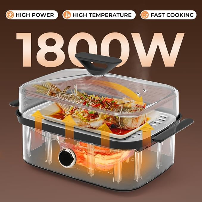 Electric Food Steamer with Boron Glass Lid, 450°C high-temperature steam, fast cooking for Vegetables, seafood, stew, disinfection, built-in program,One-Touch Control,8 Quart,1800W,White