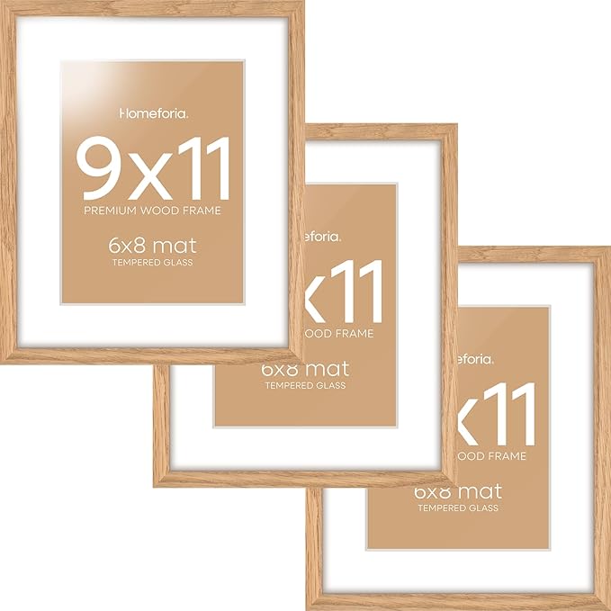 Homeforia 9x11 Picture Frame Wood, High End Natural Oak 9 x 11 Light Wooden Frames with Mat 6 by 8 in Photo, 9by11 Frame Matted to 6x8 Print, Wall or Tabletop Frame, Tempered Glass, Wall Kit, Set of 3