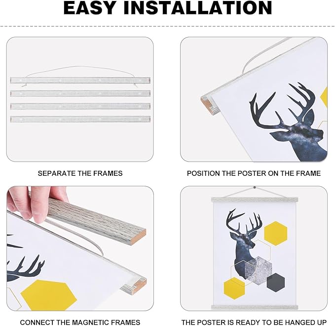 Magnetic Poster Hanger, 14x22 14x20 14x24 Poster Frame Wood Wooden Magnet Print Posters Dowel Scroll Hanger Hangers Hanging Kit for Walls Map Canvas Artwork (Grey, 14")