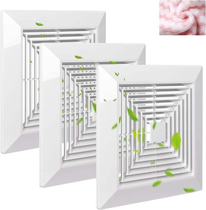 ( 3Piece 9" x 9"Inch Bathroom Exhaust Fan Cover with Spring, Square Ceiling or Wall Mounted Exhaust Fan, Ceiling Fan, Grille, Air Diffuser, Diverter Ventilation Hood, Replacement Accessories