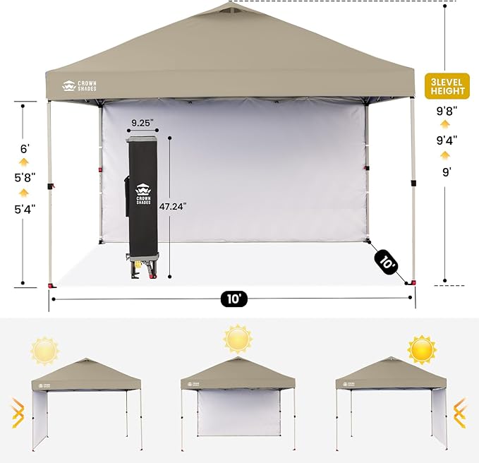 CROWN SHADES 10x10 Pop Up Canopy with 1 Side Wall - Beach Tent with One Push Setup - Outdoor Sun Shade for Events, Parties, Camping - Gazebo with STO-N-Go Cover Bag (Beige)