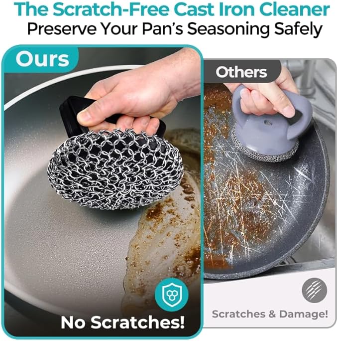 Amagabeli Cast Iron Cleaner with Handle Stainless Steel Chainmail Pan Scrubber for Cast Iron Skillet Cleaner Chain Mail Scrubber Brush Pan Pot Wok Griddles BBQ Grills