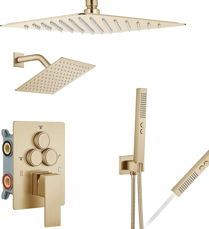 Aolemi Shower Faucet Set Ceiling Mount Shower System Rough-in Valve and Shower Trim Kit 2 in 1 Handheld Spray Push Button Diverter 10 and 6 Inch Dual Shower Head Brushed Gold
