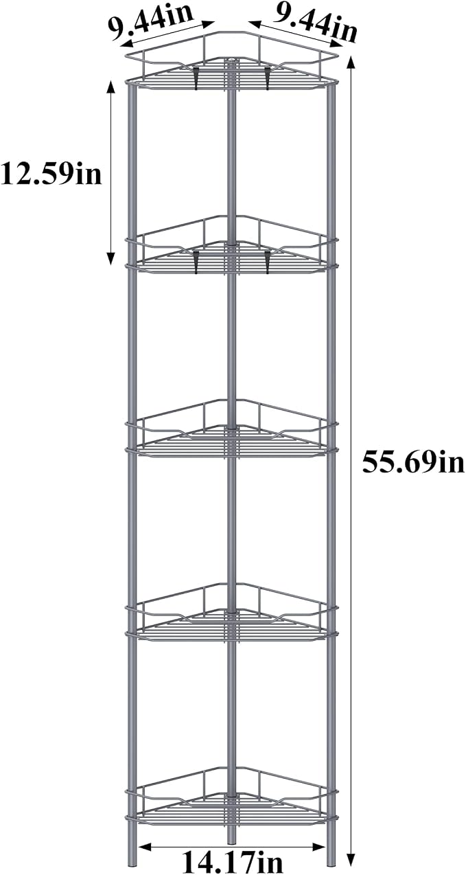 HuggieGems Metal Floor Standing Corner Shower Caddy, Dark Gray, 5 Tier - Image 7