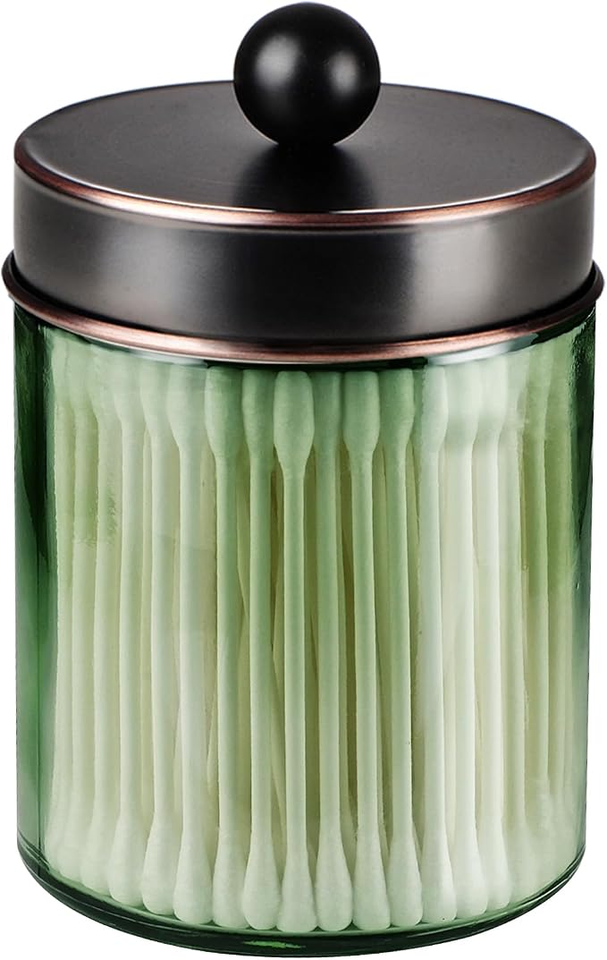 Amolliar Green Glass Qtip Holder Apothecary Jar, Bathroom Decor, ORB 1 Pack by Amolliar