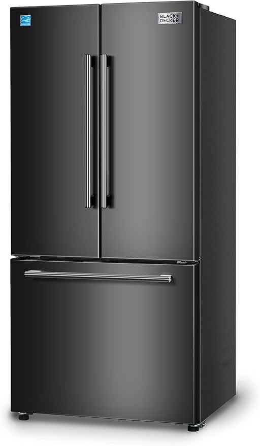 BLACK+DECKER 18 Cu. Ft. French Door Refrigerator with Built-in Ice Maker, Full Size Refrigerator with Bottom Mount Freezer Drawer, Frost Free, ENERGY STAR certified, BRF1800GIMB, Black