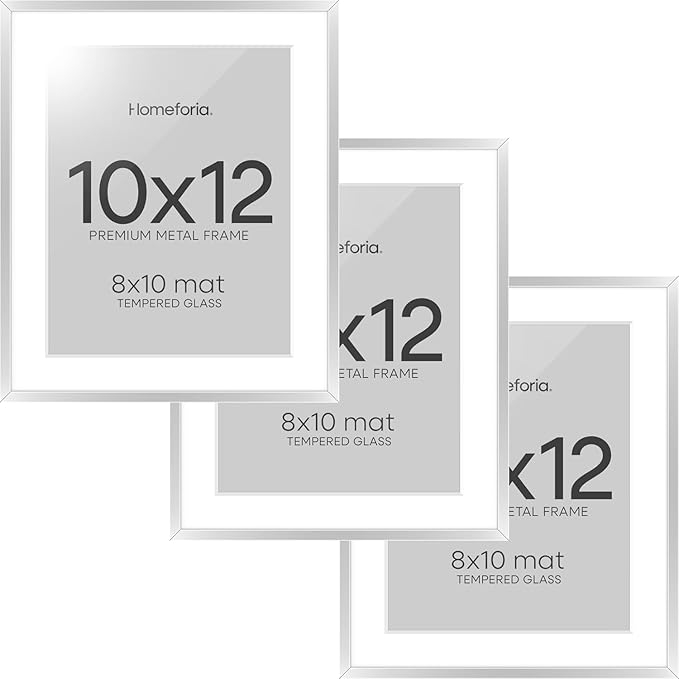 Homeforia 10x12 Picture Frame Silver, High End Metal 10x12 Frames with Mat 8x10, 10 x 12 Silver Poster Frame Matted to 8 x 10 inch Photo, 10by12 Thin Hanging Frames, Tempered Glass, Wall Kit, Set of 3