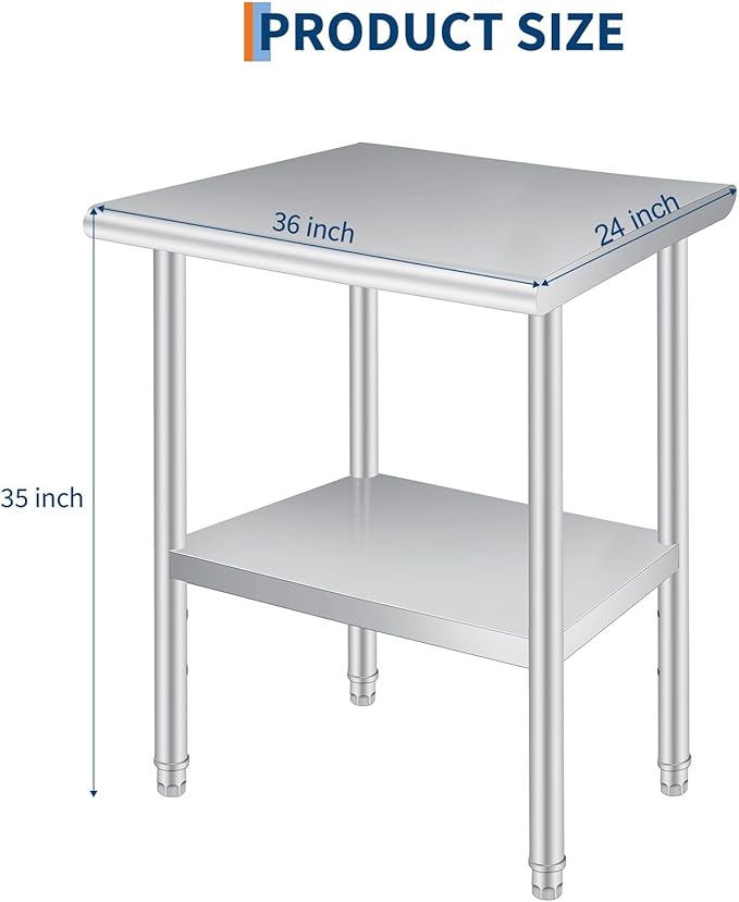  Stainless Steel Prep Table, 24 x 36 Inches Heavy Duty Commercial , with Rounded-Corner, Adjustable Undershelf and 4 Caster Wheels, Heavy Duty Work Table with Adjustable Under Shelf for Outdoor, Res