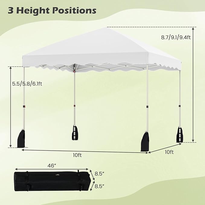 Tangkula 10x10 FT Pop Up Canopy, UPF50+ Easy Set up Instant Tent with Wheeled Bag, 8 Stakes, 4 Anchors, 4 Wind Ropes, 4 Sandbags, Heavy Duty Outdoor Canopy Tent 10x10 for Patio Party Backyard (White)