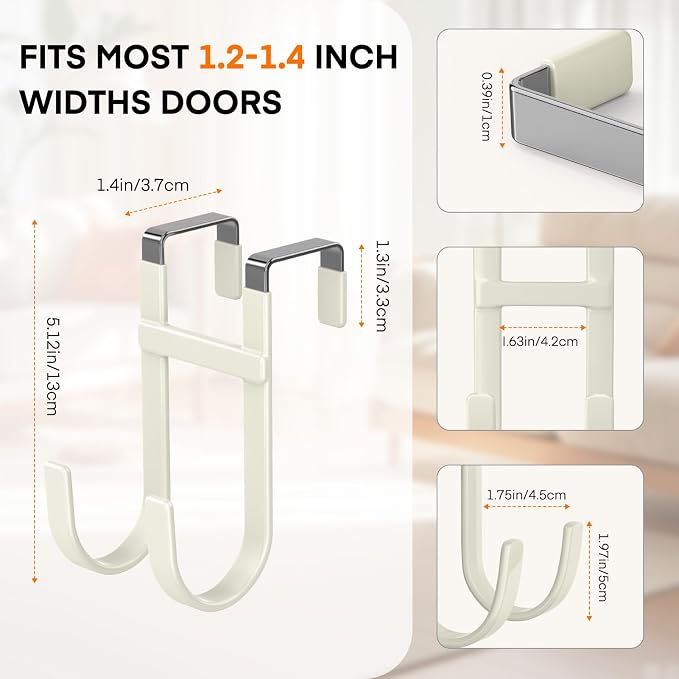 FYY Over the Door Hooks, Double-Hanger 2 Pack, Fits Doors 1 3/8" Beige | Heavy - Image 2