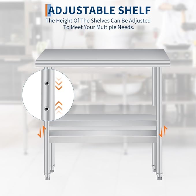 Stainless Steel Prep Table, 24 x 36 Inches Heavy Duty Commercial , with Rounded-Corner, Adjustable Undershelf and 4 Caster Wheels, Heavy Duty Work Table with Adjustable Under Shelf for Outdoor, Res