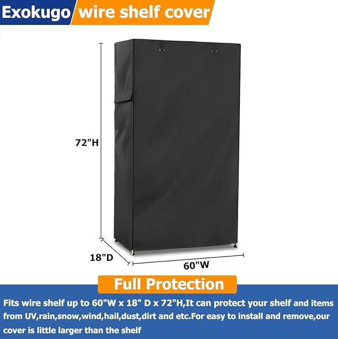 Wire Shelf Cover,600D Heavy Duty 100% Waterproof Shelf Covers for Wire Shelving,Outdoor Storage Shelves Cover for Metal Rack,60" W x 18" D x 72" H,Black