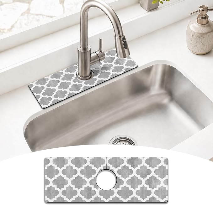 Modern Moroccan Grey Stripe Kitchen Sink Splash Guard Faucet Mat, Faucet by puwbnhj