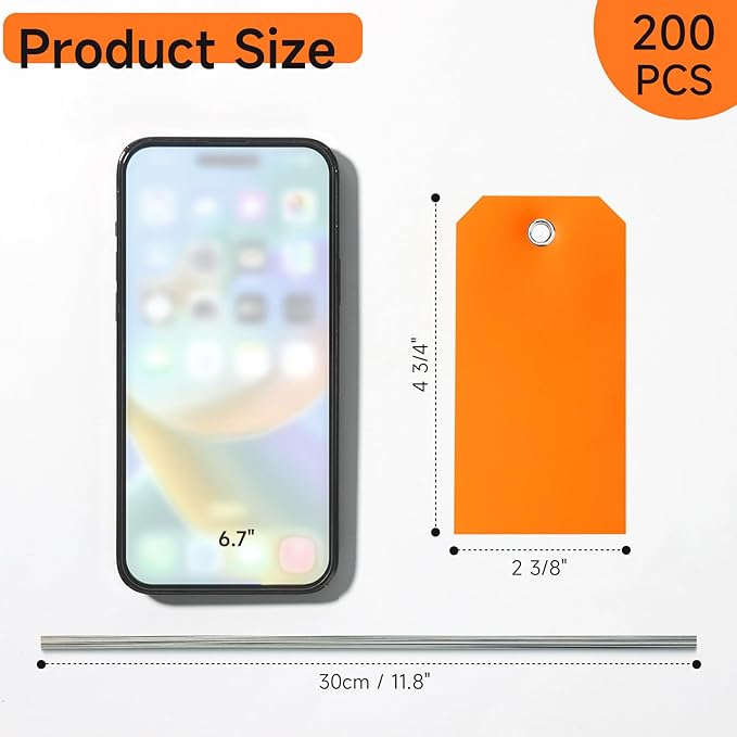 200 Pieces 4 3/4" x 2 3/8" Waterproof Shipping Tags with Wires Blank Tags with String Attached Plastic with Reinforced Hanging for Repair Marking Auto Parts Luggage Garage Inventory(Orange)