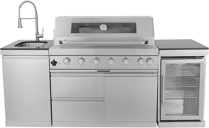 85 Inches 6-Burner 85,000 BTU Deluxe Stainless Steel Propane Gas Grill Outdoor Kitchen Island,Sink,Beverage Refrigerator Storage & Rotisserie Kit for Patio Backyard Cooking,Silver