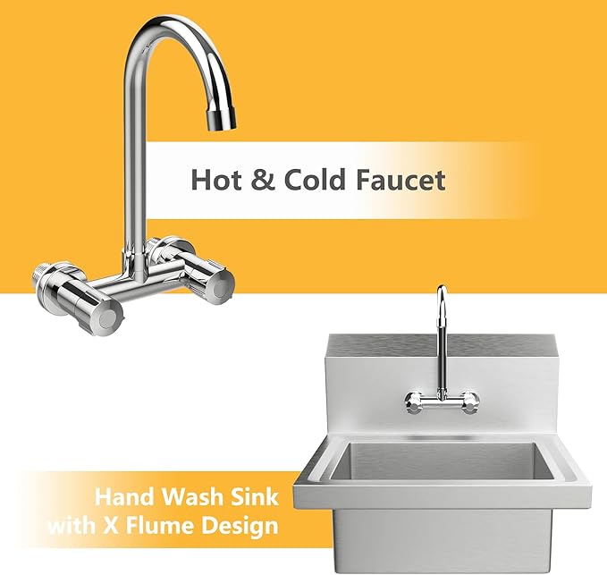 Bonnlo Upgraded Commercial Hand Wash Sink Stainless Steel Prep/ Bar Sinks - Wall Mount Utility Sink with Faucet, Heavy Duty Hand Washing Basin for Commercial Restaurant RV Kitchen, 17x 15 x 14